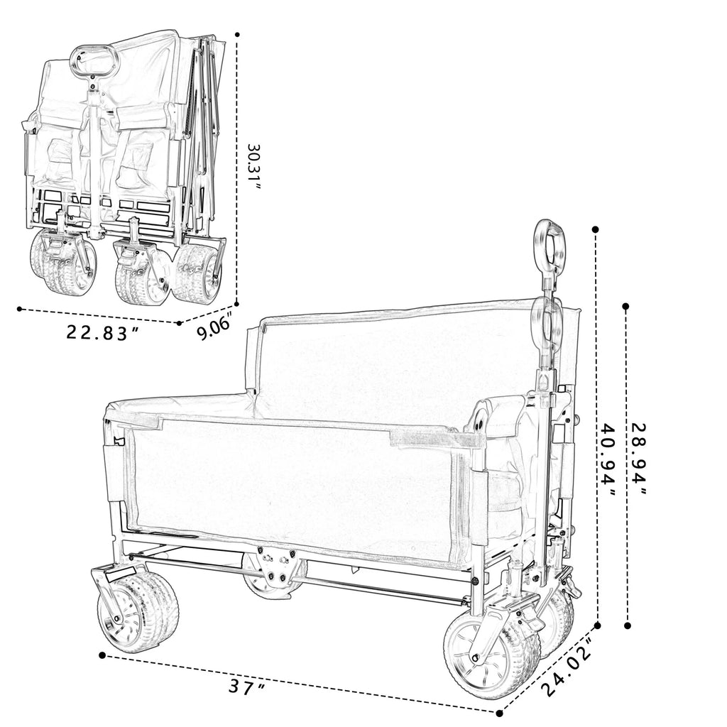 3-in-1 Collapsible Wagon Cart with Bench Seat, 500lbs Convertible Heavy Duty Utility Wagon with Flexible Handle, All-Terrain Folding Grocery Cart with Wheels for Shopping, Camping, Orange