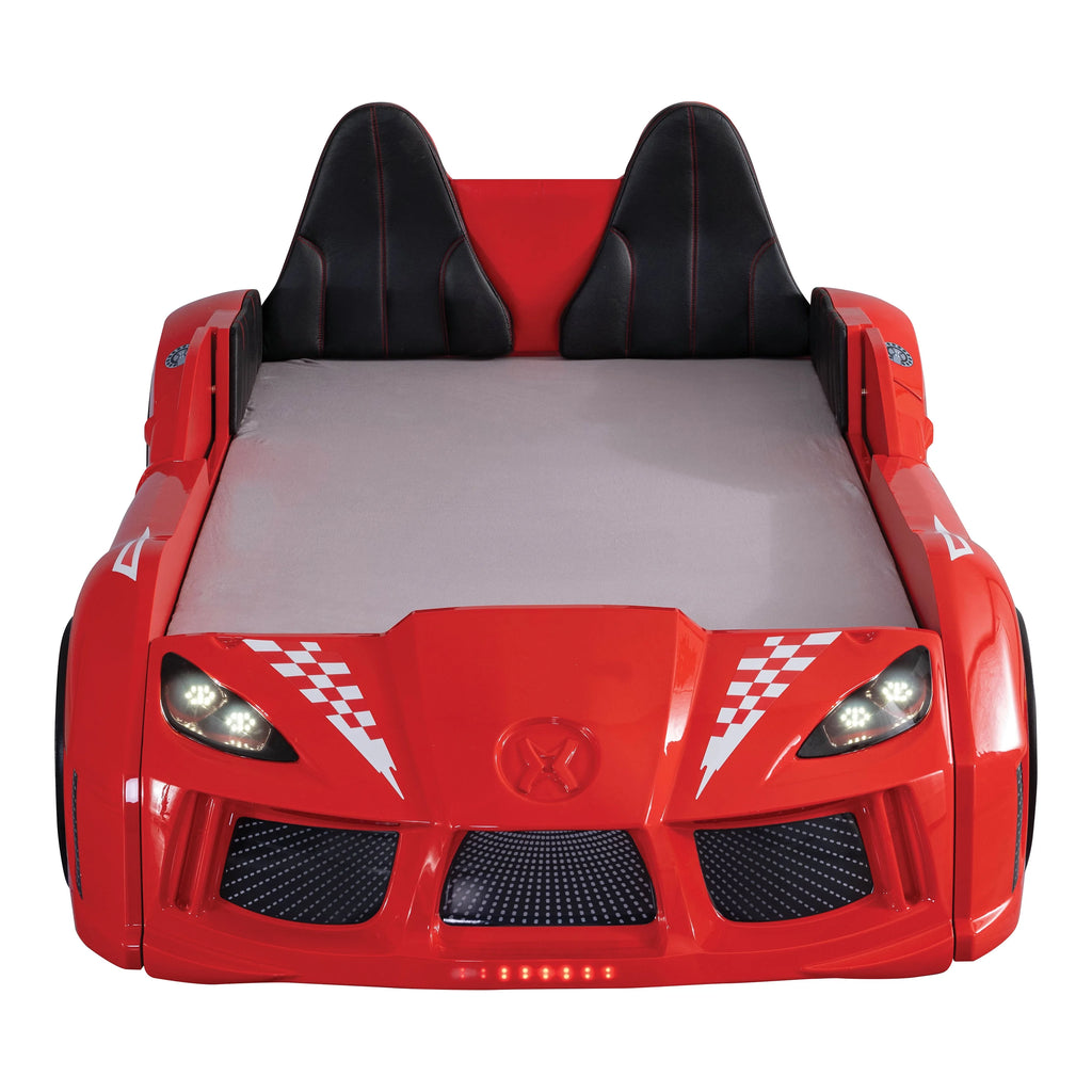Furniture of America Dash Kids Plastic Twin Race Car Bed with LED and Sound, White