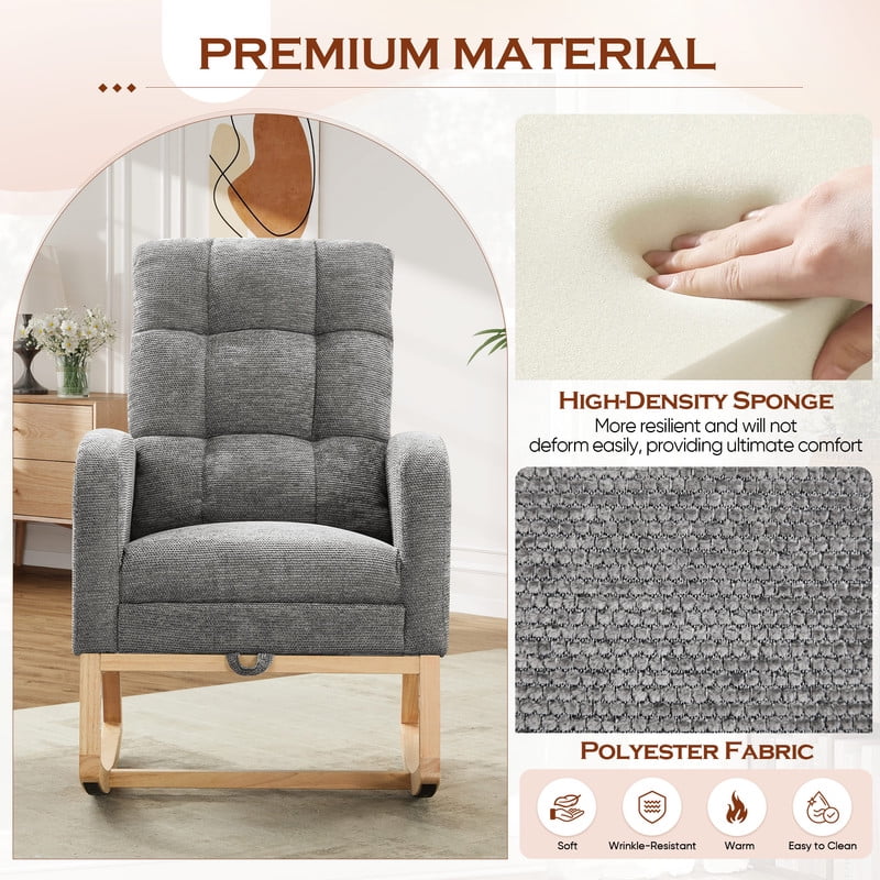 FFH Rocking Chair Nursery, Tufted Accent Rocker Chair, Upholstered Armchair with Adjustable Footrest, Side Pocket, High Backrest, Padded Seat, Polyester Blend (Retro, Dark Gray)