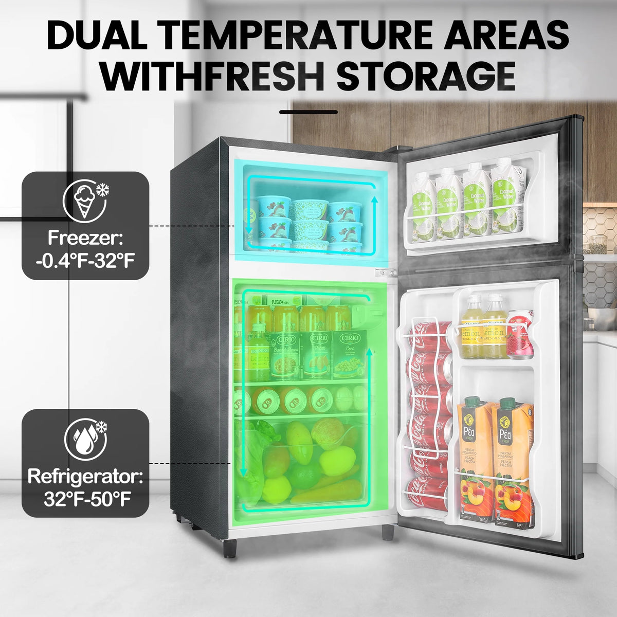 WANAI Two Door Mini Fridge with Freezer, 3.5 Cu ft Small Freezer ,Dark Grey