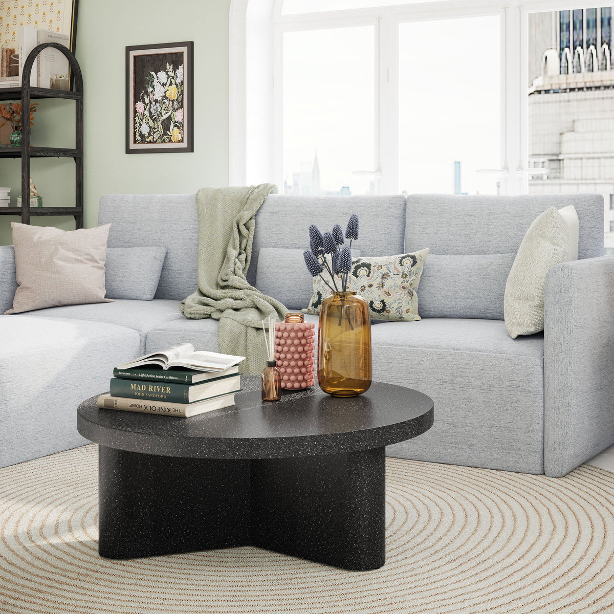 Beautiful Drew Modular Sectional Sofa with Ottoman by Drew Barrymore, Gray Fabric