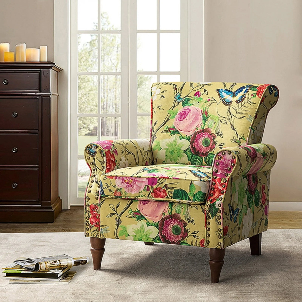 14 Karat Home Wingback Accent Chair Removable Cushion Floral Upholstered Sofa Armchair Couch Wood Legs Nailhead Trim Mustard