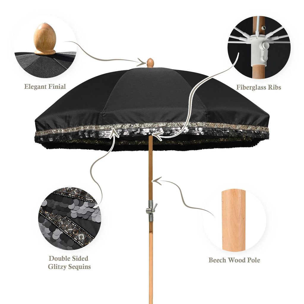 LAGarden 6 Ft Fringe Patio Umbrella with Tassel Jazz Age Wood UPF50+ for Outdoor, Beige with gold tassel,Model: JZ6-01