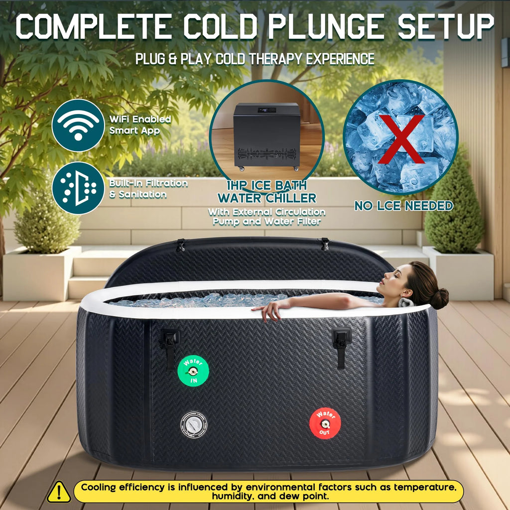 Jocisland Inflatable Cold Plunge Tub for Athletes, Ice Bath Tub with Insulated Lid Non-Slip Mat, Water Chiller Compatible, Portable for Outdoor & Indoor Recovery, 150 Gal, 59"L x 32"W x 28"H