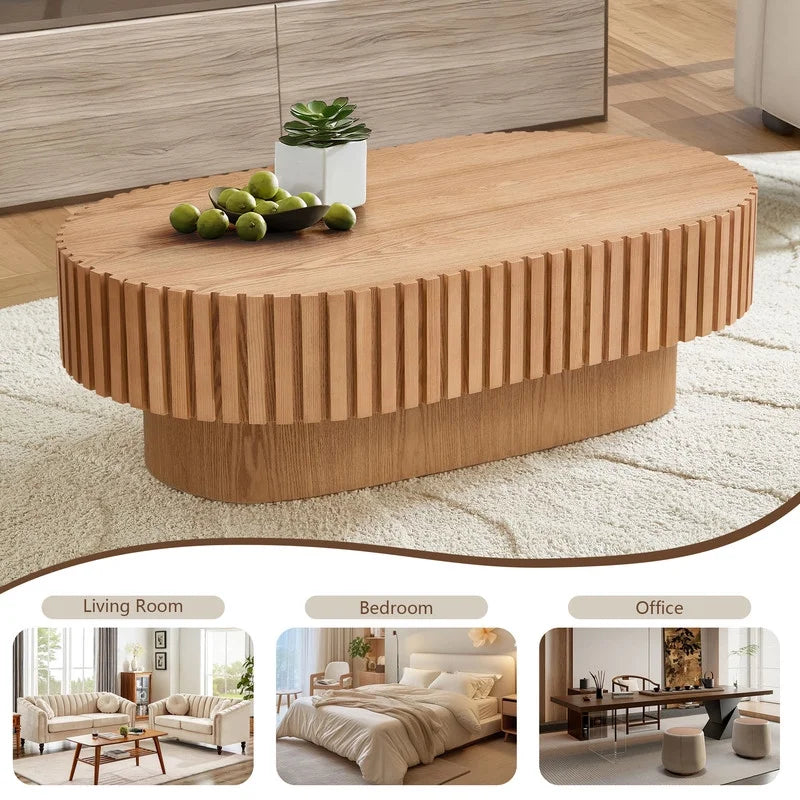 FFH 43.7 inch Oval Coffee Table for Living Room,Handcraft Rustic Corner Coffee Table Nature Wood Relief Sturdy Pedestal for Apartmen,Side Table Centre Table,Nature Wood