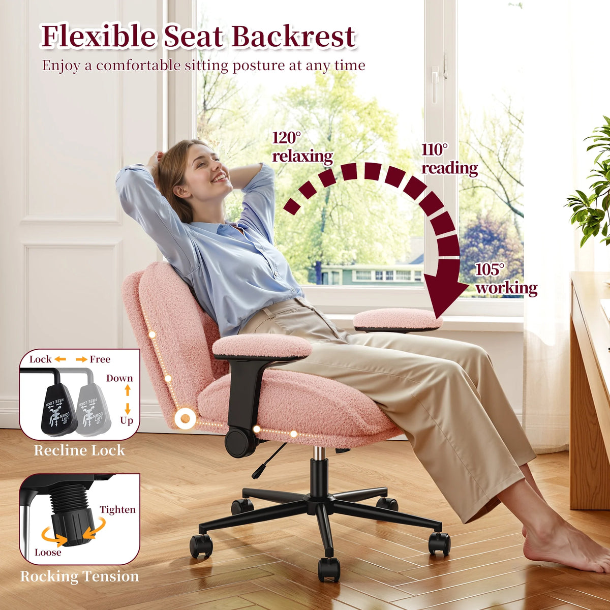 Romorgniz Criss Cross Chair with Adjustable Arms & Lumbar Support Office Chair with Reclining Back, Thick Cushion & Wheels for Office, Gaming, Reading, Vanity, Off-White