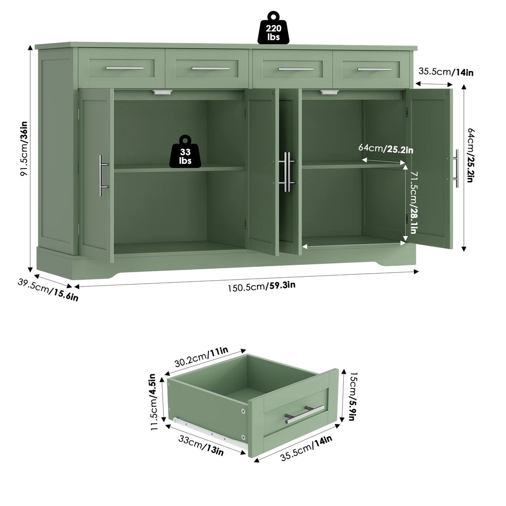 Homfa Farmhouse Buffet Cabinet with 4 Drawers and 4 Doors, 59" W Sideboard Buffet Storage Cabinet with Shelves, for Kitchen Living Room Bedroom, Wash Gray