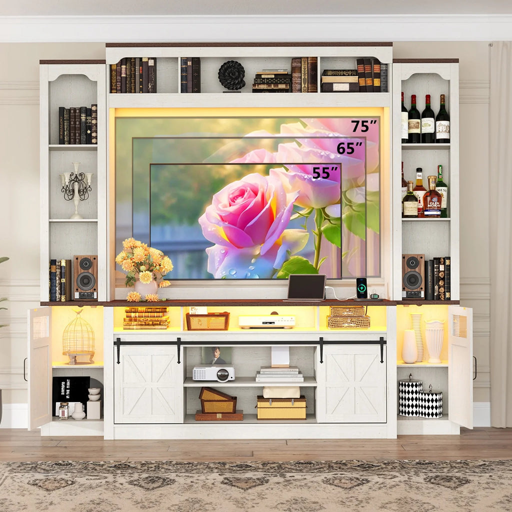 Farmhouse Wall Unit TV Stand with Storage for TVs up to 75", Large Entertainment Center with Bookshelves, LED Light & Power Outlet for Living Room