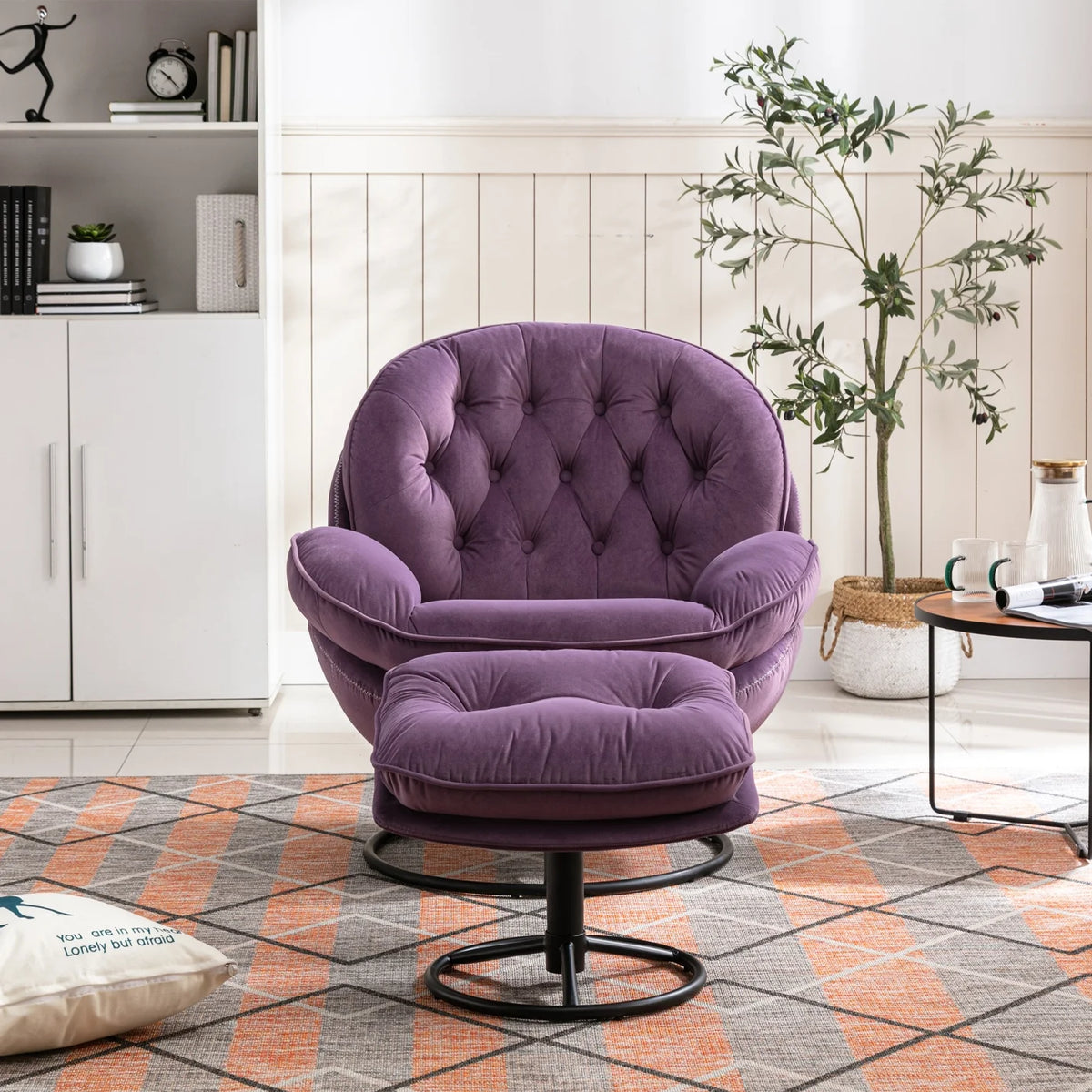 Velvet Swivel Accent Chair with Ottoman, Modern Chaise Lounge Chair with Metal Frame and Footstool, Comfy Armchair Reading Chair for Living Room Bedroom Office,Blue