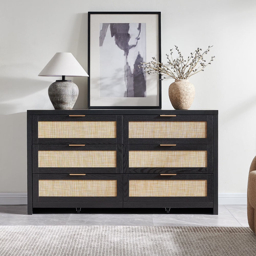 SICOTAS 56.85" 6 Drawer Dresser,Rattan Dresser with Storage,Boho Dressers & Chests of Drawers Wooden Tall  Dresser for Bedroom