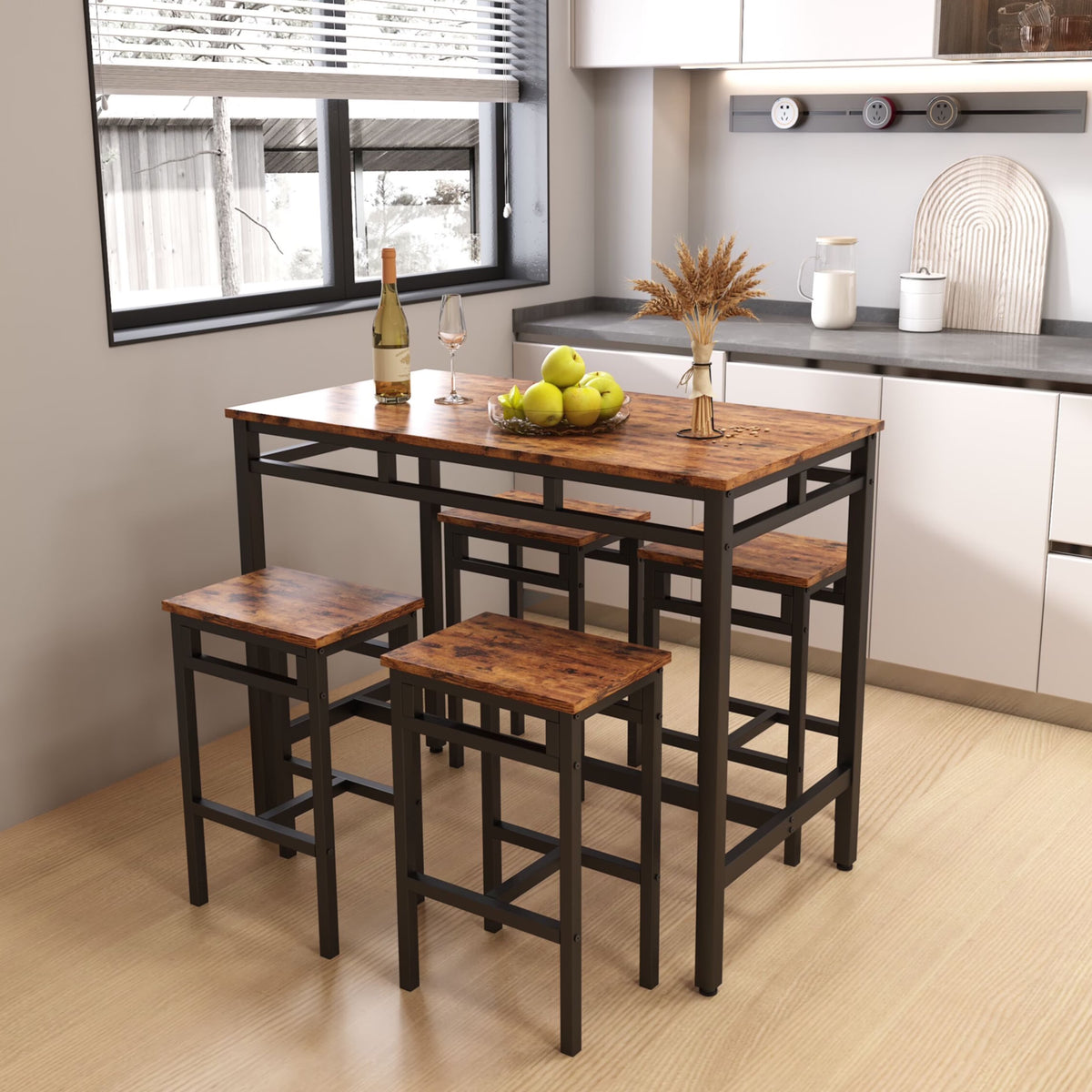 Counter Height Table Set of 5, Breakfast Bar Table and Stool Set, Minimalist Dining Table with Backless Stools, Wood Top Pub Table & Chair Set for Kitchen Apartment Bistro - Space Saving