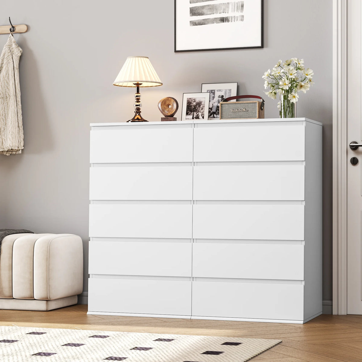 Homfa 5 Drawer White Dresser, Modern Storage Cabinet for Bedroom,Tall Chest of Drawers for Living Room