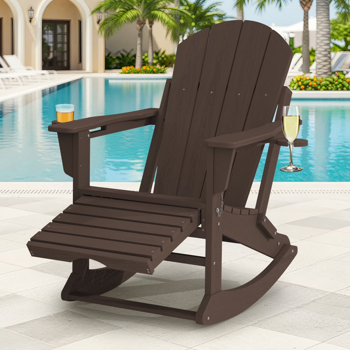 KINGYES Folding Adirondack Rocker Chair Set of 2 W/ Footrest & Dual Cup Holders, HDPE Outdoor Patio Rocking Chair, Black