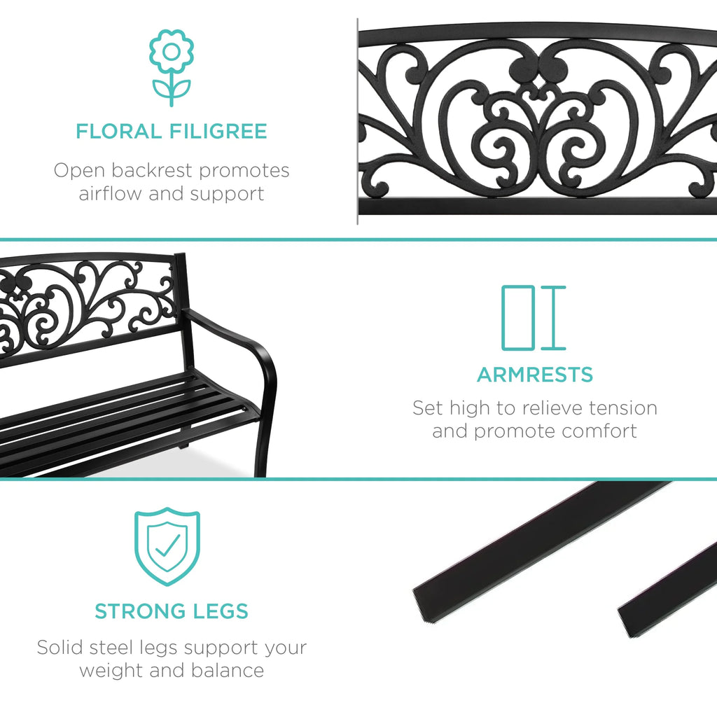 Best Choice Products Outdoor Steel Bench Garden Patio Porch Furniture w/ Floral Design Backrest - Black