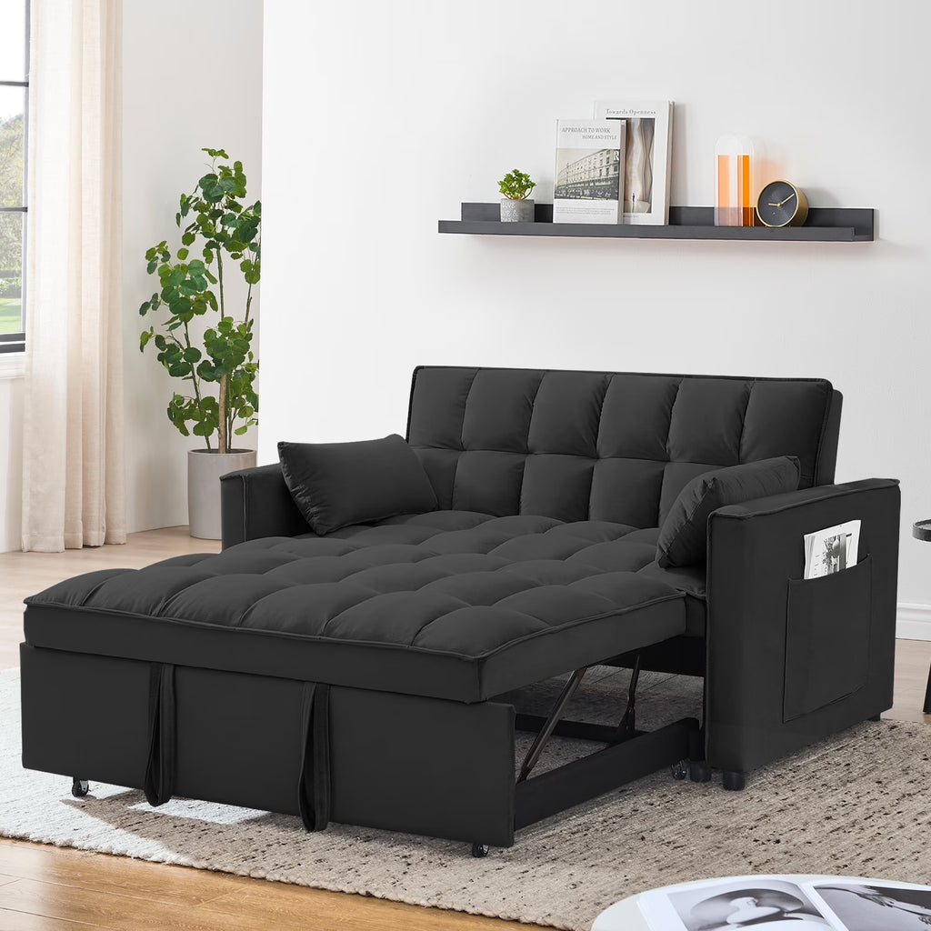 Convertible Sofa Bed,3-in-1 Sleeper Sofa with Pull Out Bed,Velvet Highly Elastic Sponge Futon Couch Loveseat with Adjustable Backrest and 2 Pillows for Living Room,Gray