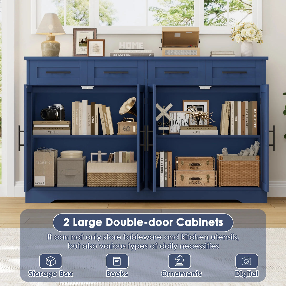 Homfa Farmhouse Buffet Cabinet with 4 Drawers and 4 Doors, 59" W Sideboard Buffet Storage Cabinet with Shelves, for Kitchen Living Room Bedroom, Wash Gray