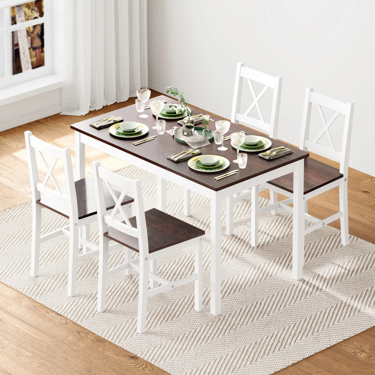 Soges 5 Pieces Dining Table Set, Pine Wood Kitchen Dining Table with 4 Chairs, Wood Rectangular kitchen table and chairs for 4, Small Dining Set for Bar Dining Room Breakfast Nook, White and Gray