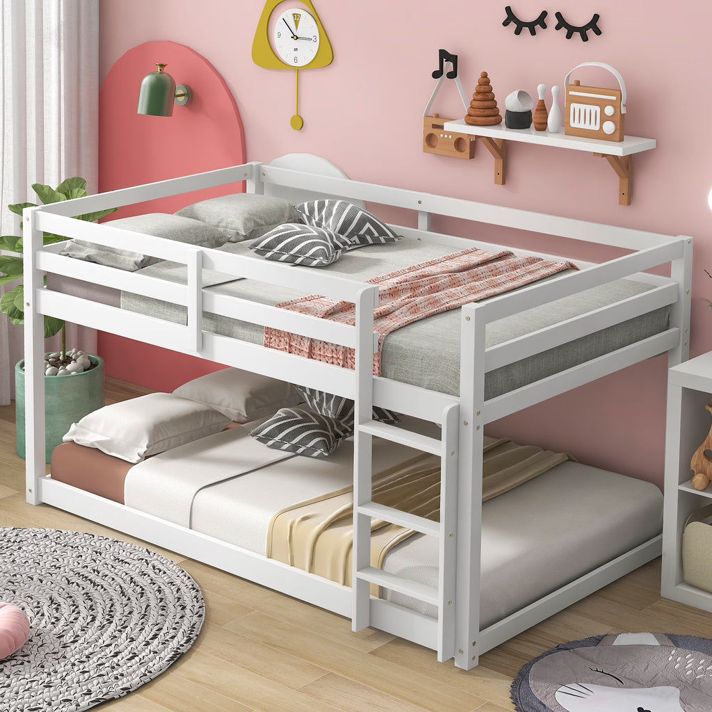 Twin Over Twin Floor Bunk Bed, UHOMEPRO Solid Wood Low Bunk Bed with Safety Rail, Ladder, Heavy Duty Bunk Beds, Space-Saving Bedroom Dorm Furniture, Gray