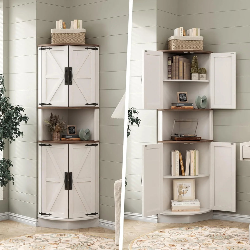 Vabches Farmhouse 64.8'' Tall Corner Cabinet with 4 Doors and 5 Storage Shelves for Kitchen, Living Room, White