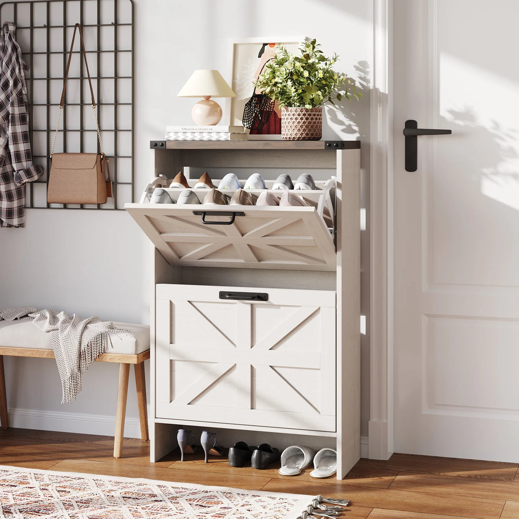 VEANERWOOD Shoes Storage Cabinet With Doors, Farmhouse Shoe Cabinet With 2 Flip Drawers For Entryway,Gray