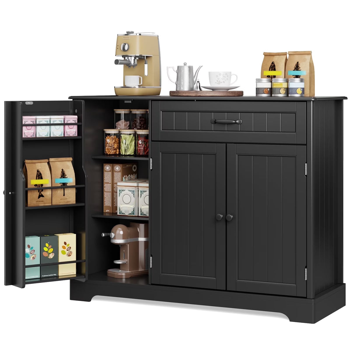 Coffee Bar, Lofka 42" Kitchen Storage Cabinet, Sideboard Buffet Cabinet with 8 Shelves, 1 Drawer