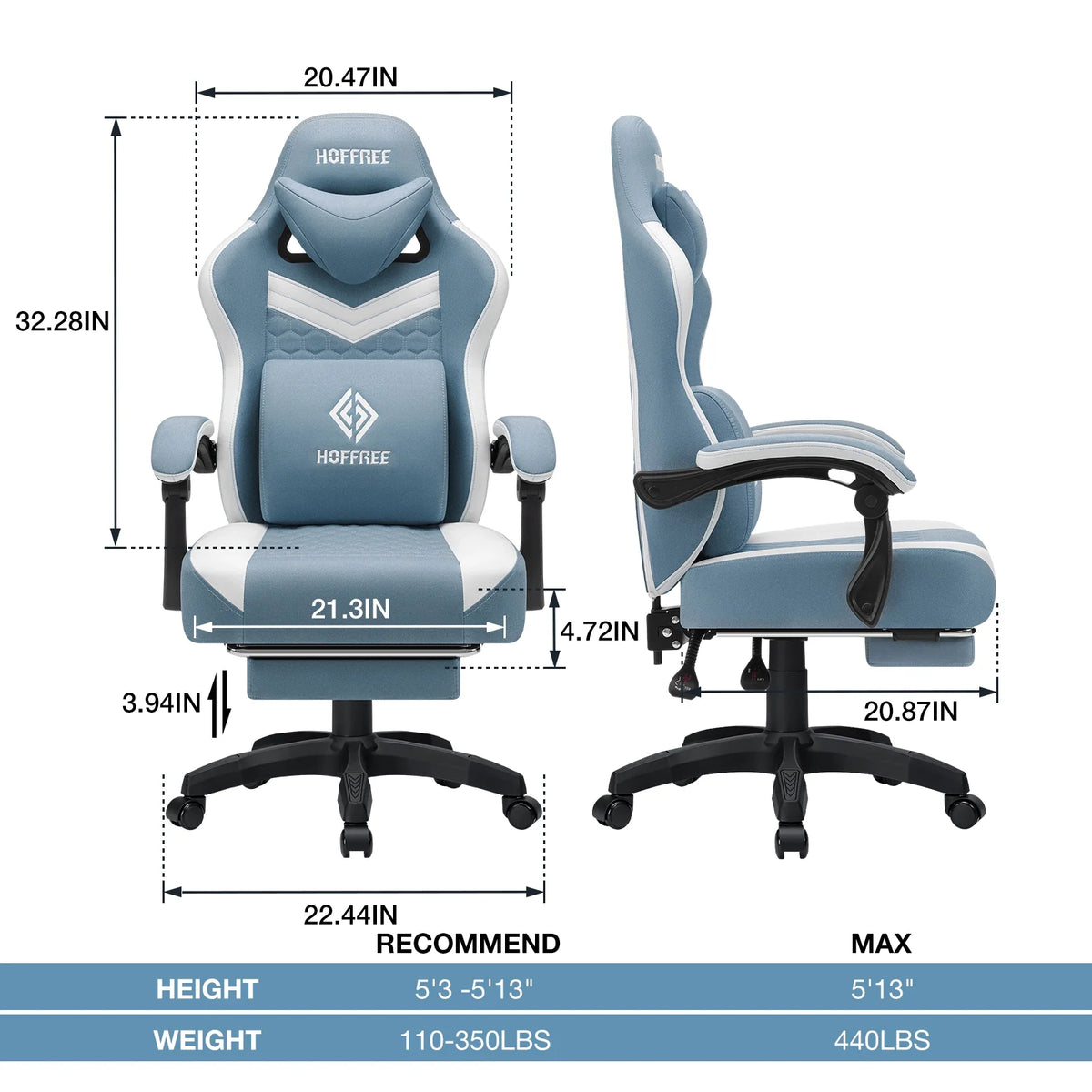 Hoffree Gaming Chair with Massage Fabric Office Chair with footrest for Adults, Ergonomic Gamer Chair with Headrest and Lumbar Support for Office Gaming, 440 LBS