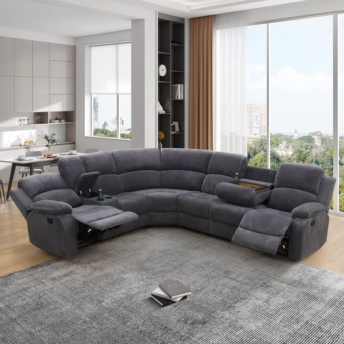 Aukfa 3-Piece Recliner Sofa Set, 6 Seat Sectional Couch with Cup Holders&Storage Console, Gray