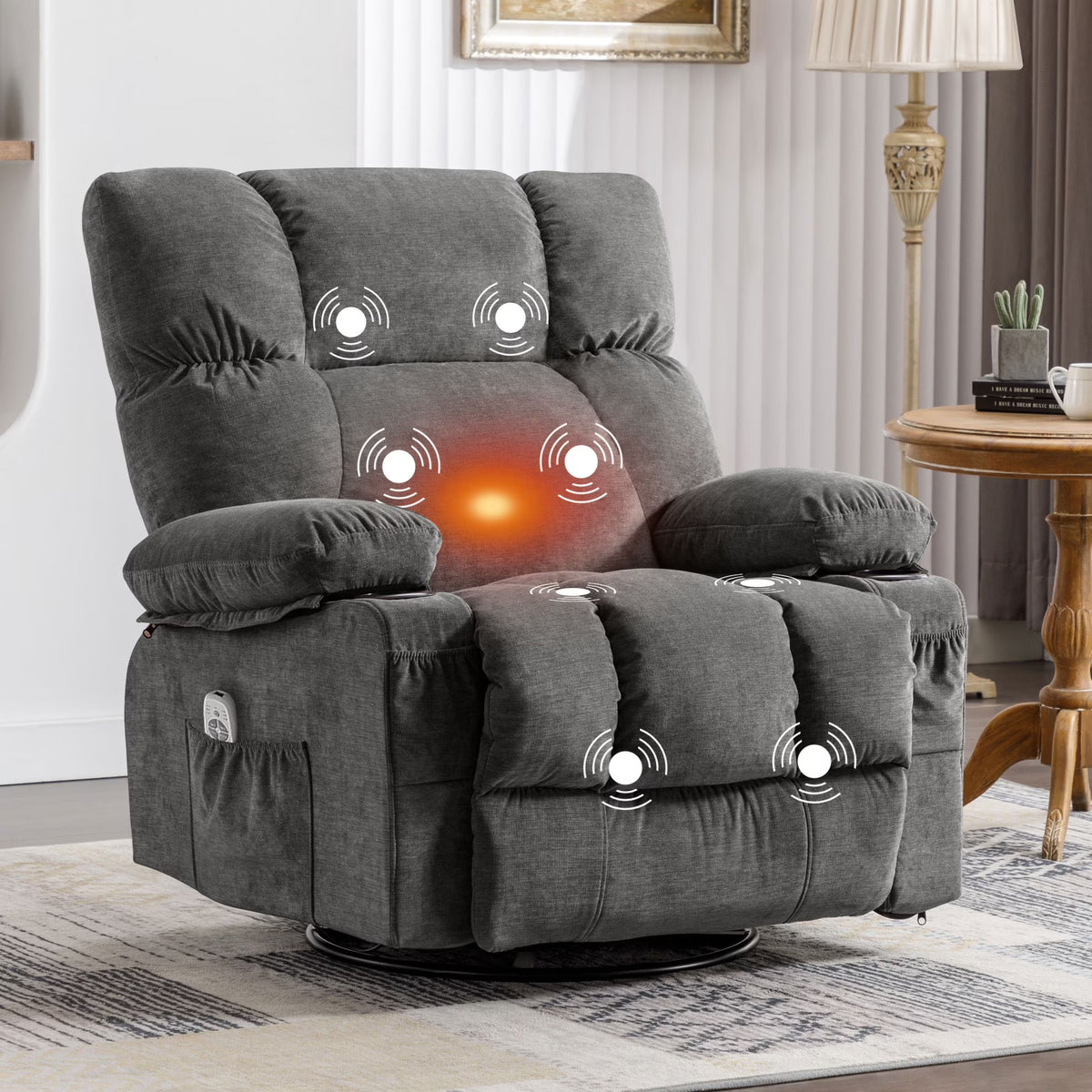 JONPONY Manual Recliner Chair with Heat Therapy and Massage Function, Heavy Duty Reclining Mechanism Massage Chair, Elderly Single Rocker Sofa with Cup Holders for Bedroom Home Theater,Grey