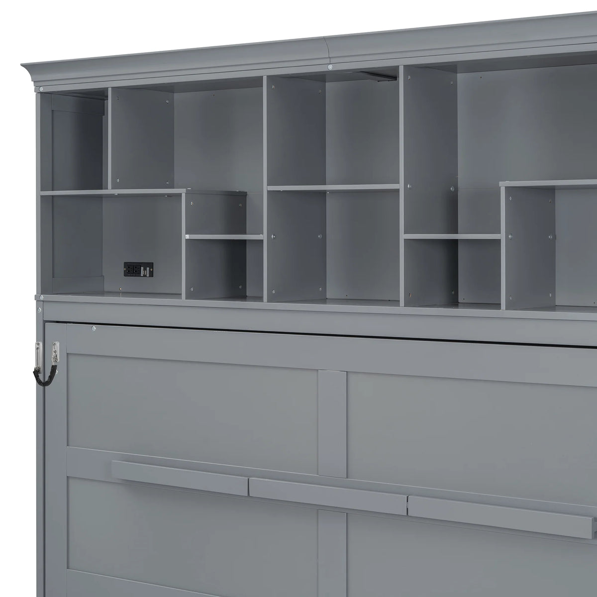 Queen Size Murphy Bed Wall Bed with Top Shelves & USB Charging, Space-Saving Cabinet Bed with Flexible Slats, Gray Modern Foldable Bed