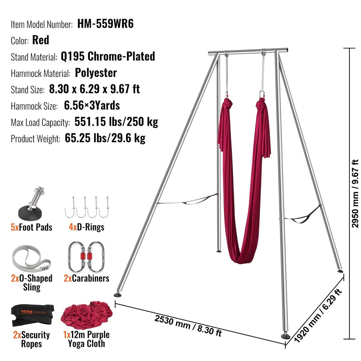 KFFKFF 551.15 lbs Yoga Swing Stand Hammock Aerial Silk Kit Load Yoga Frame Red