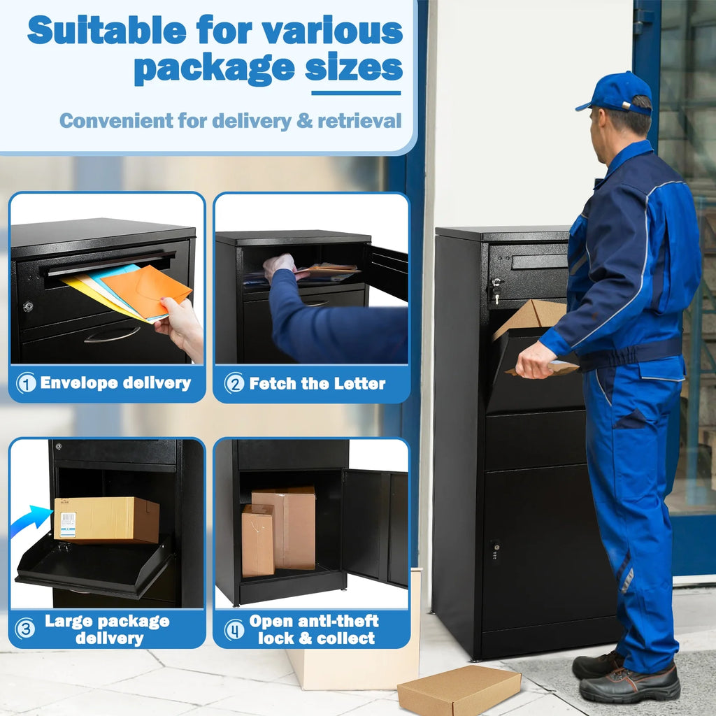 Gaonala Steel Package Delivery Box 19.6x14.4x44.9in Lockable Anti-Theft  Weather-Resistant Extra Large Mailbox For Porch Curbside Black
