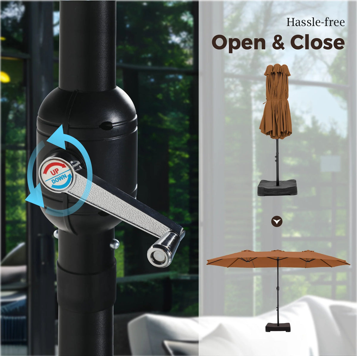 Alpha Joy 15ft Outdoor Patio Umbrella Extra-Large Double-Sided Garden Umbrella with Crank Handle and Base - Smoky Gray