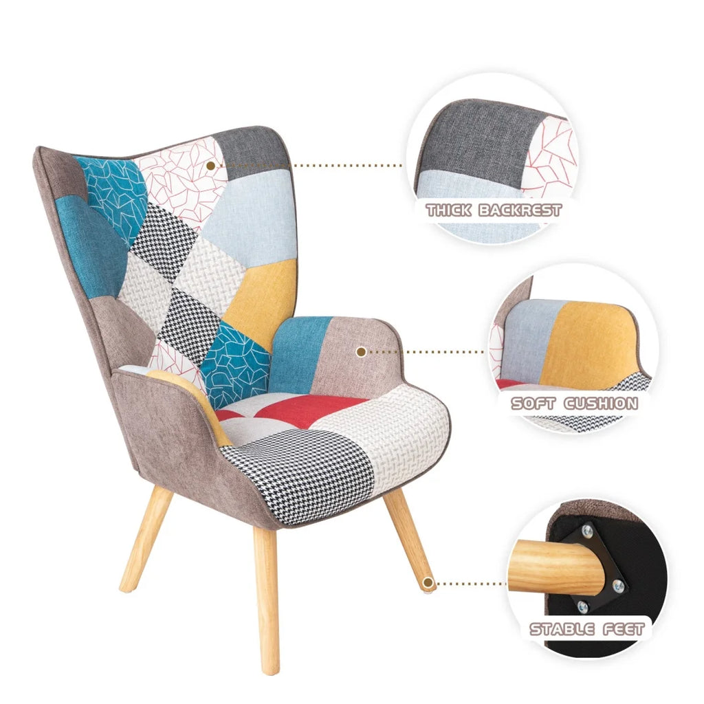 Modern Accent Chair with Solid Wood Legs and High Wing Backrest, Side Chair Set with Ottoman, Comfy Side Armchair for Living Room, Reading Room, Bedroom, Colorful Patchwork