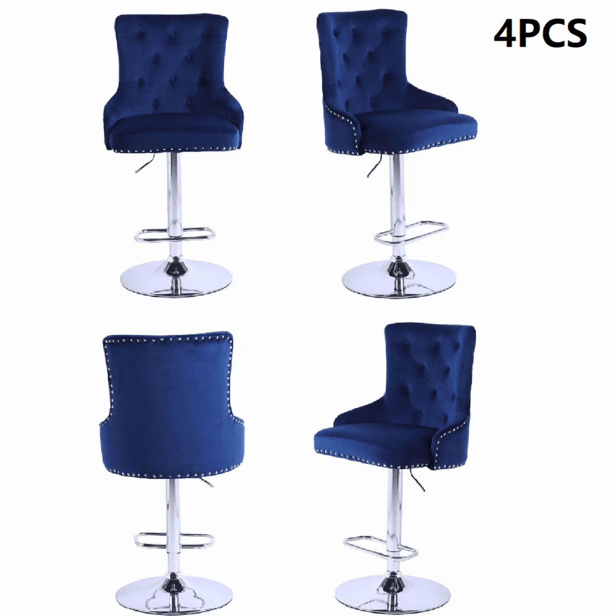 Alexent  2PCS Swivel Bar Stools, High Back, Button Tufted, Silver Footrest and Nailhead Trim Swivel Bar Chairs for Kitchen, Bar Velvet Upholstered Bar Stools, Dark Blue