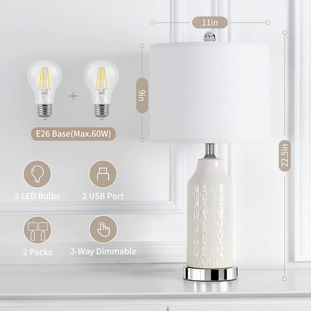 Cinkeda Table Lamp Set of 2 for Living Room Bedroom with USB Ports AC Outlet 3 Way Dimmable Touch Nightlight Farmhouse White Floral Nightstand Bedside Lamps
