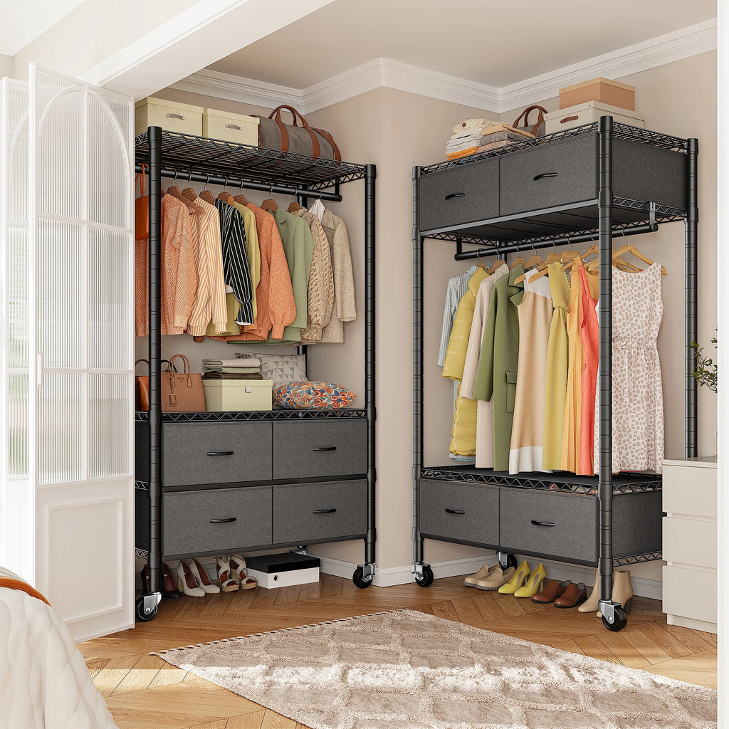 71" H Clothes Rack with Fabric Drawers, Freestanding Garment Rack with Metal Wire Shelf, Pink