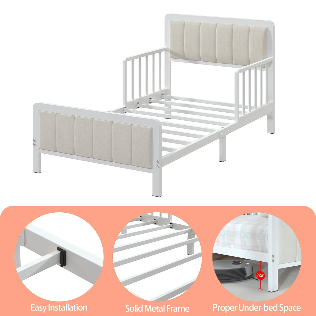 Yoneston Toddler Metal Platform Bed Frame with Guardrails, Children Crib Upholstered Bed Frame for Boys, Girls, Toddler �?White