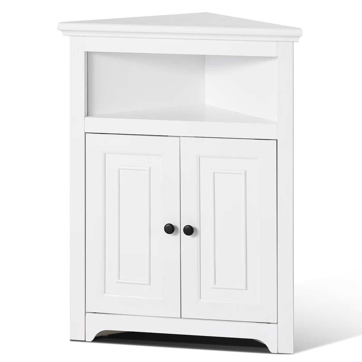 KFFKFF 32" Corner Utility Cabinet, Tri-Level Compact Storage Unit with Dual Wooden Doors & Flexible Shelving, Independent Corner Cabinet for Lounge, Kitchen, Laundry Area, Restroom, in White