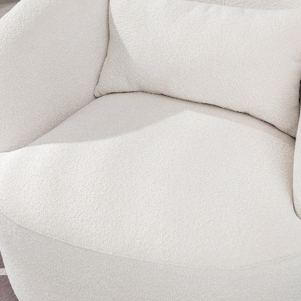 34" Wide Boucle Swivel Barrel Chair, No Assembly Round Upholstered Armchair Accent Chair Single Sofa Chair with Toss Pillow for Living Room and Bedroom, Taupe