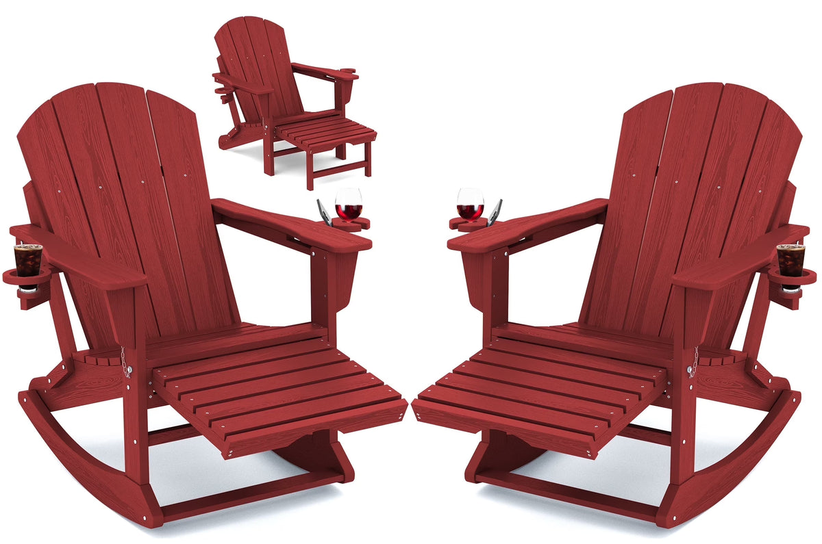 KINGYES Folding Adirondack Rocker Chair Set of 2 W/ Footrest & Dual Cup Holders, HDPE Outdoor Patio Rocking Chair, Black