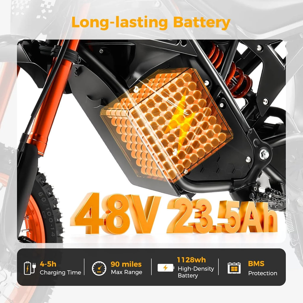2000W Electric Dirt Bike for Adults Ridingtimes GT73 UL2849,Brushless Hub Motor,18.2AH*2 Electric Bike with 25\" tires digital screen Carbon Steel,Black