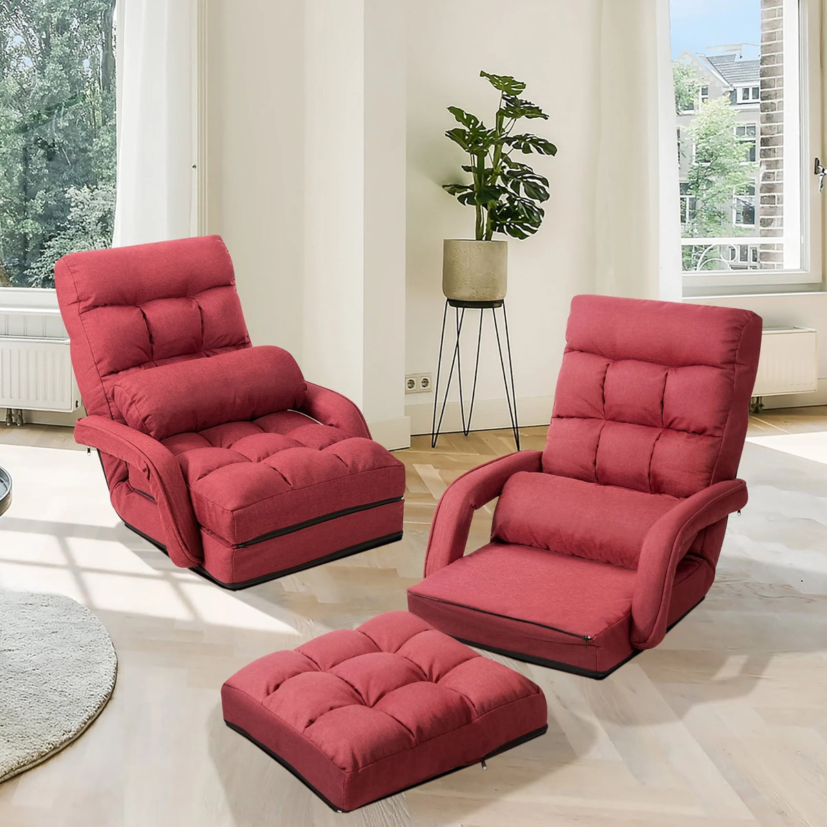 Costway Folding Floor Armchair w/ 6-position Adjustable Back & Lumbar Pillow Red