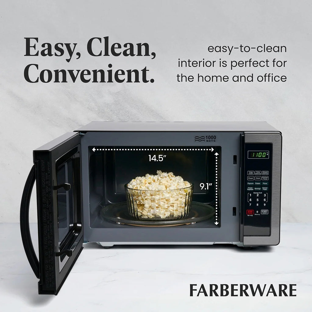 Farberware Stainless Steel Countertop Microwave Oven with Child Lock, 1.1 Cu Ft Black Stainless