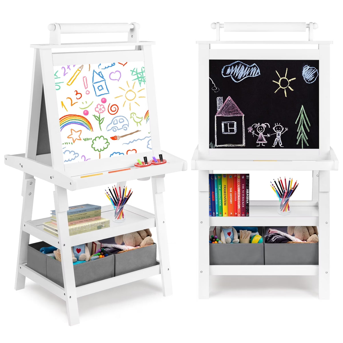 LINLUX 3 in 1 Art Easel for Kid, Whiteboard for Kid with Stand, Magnetic Chalkboard Pizarra, Grey