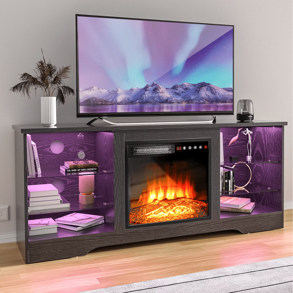 Waleaf Fireplace TV Stand with 18'' Fireplace for TVs up to 65 inch, Two Adjustable Glass Shelves