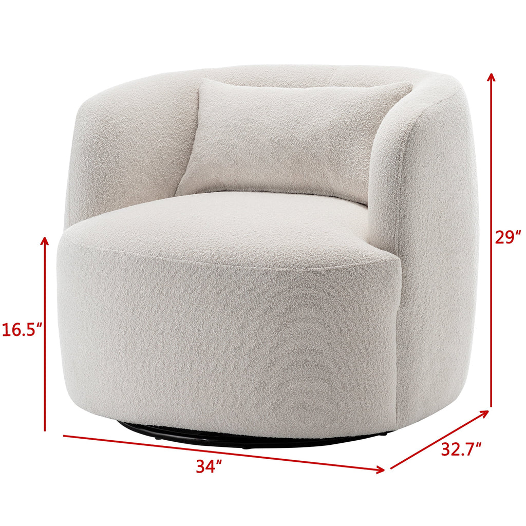 34" Wide Boucle Swivel Barrel Chair, No Assembly Round Upholstered Armchair Accent Chair Single Sofa Chair with Toss Pillow for Living Room and Bedroom, Taupe
