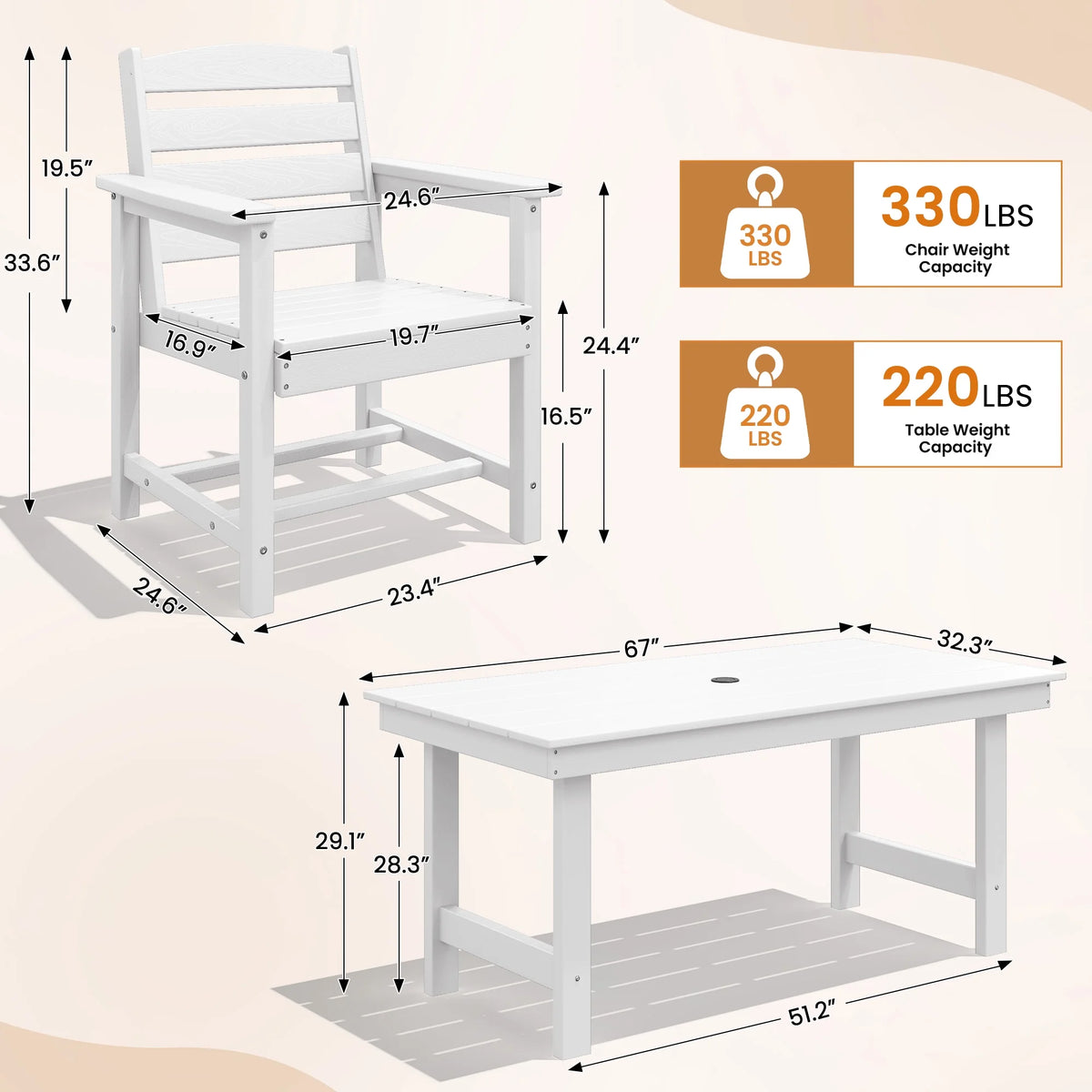 KINGYES 7-Piece Outdoor Dining Set, HDPE Patio Table and Chairs with Umbrella Hole, Gray