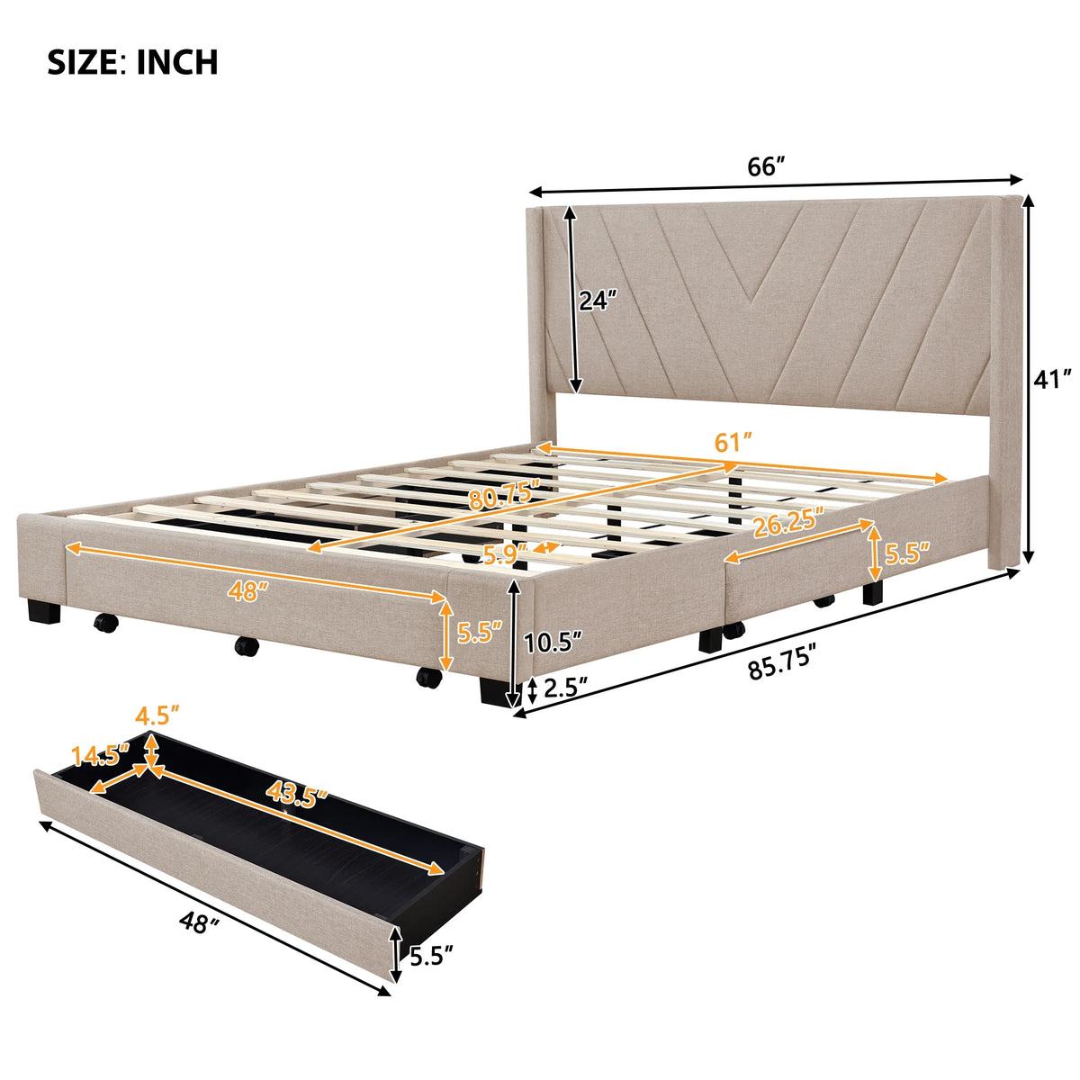 Sesslife Queen Bed Frame with Storage, New Upgraded Linen Upholstered Platform Bed with 3 Drawers, Queen Size Storage Bed with Headboard and Wooden Slats, No Box Spring Needed, Holds 500lbs, Beige