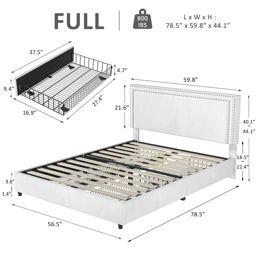 VECELO Full Bed Frame with 4 Storage Drawers (Wheeled) and Tufted Upholstered Adjustable Headboard Platform Bed, Beige