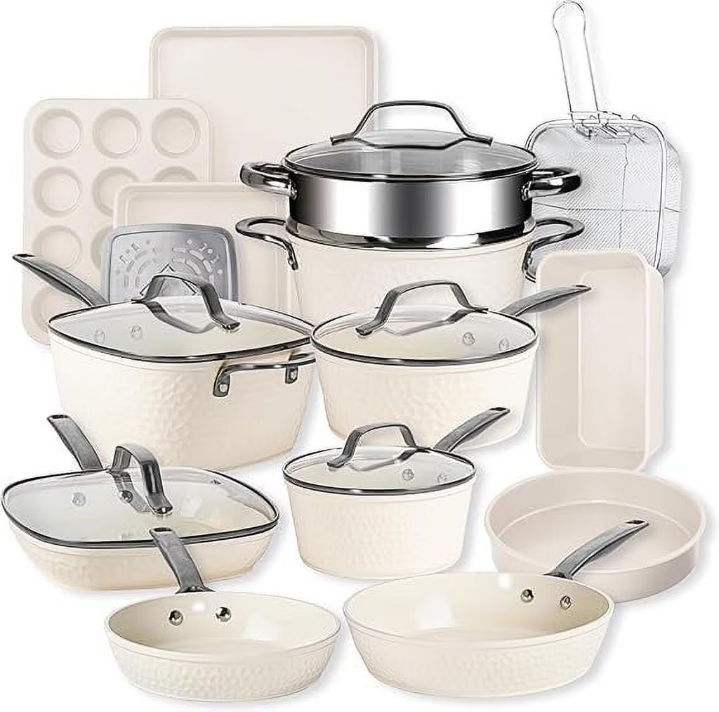 Gotham Steel Hammered 20 Pc Ceramic Cookware Set Nonstick, Induction Pots and Pans Set, Non Toxic Cookware Sets, Oven & Dishwasher Safe - Copper